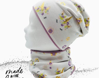 Kinder Mütze und Loop Schal für den Frühling Einhörner Gold Violett Set / einzeln für Mädchen Beanie Geschenk Geburtstag