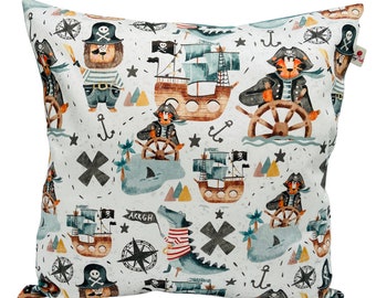 Organic children's cushion cover "Pirates 40 x 40 cm cushion cover for pillows 100% cotton BW boys green nursery cushion