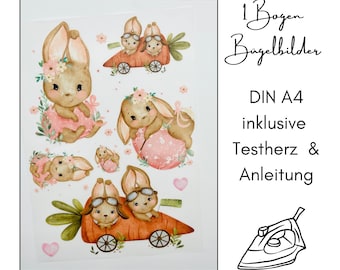 1 Bogen DIN A4 Bügelbilder für Textilien - süße Hasen  - Kinder groß zum aufbügeln Osterhase Mödchen Junge