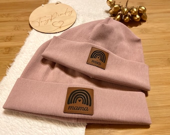 Geschenk Muttertag, Set 2 Beanie Mützen für Mama und Kind mit Label, Muttertagsgeschenk, Damenmütze, Geschenk zur Geburt