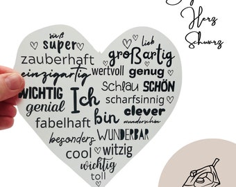 Herz Bügelbild,Affirmationen für Textilien, Schwarz, Schrift, Mädchen, Junge, Aufbügler, Montessori, Geschenk Ostern, Geburtstag