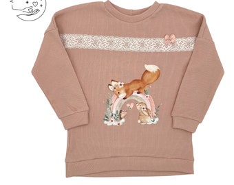 Pullover für Kinder aus Rippjersey Soft Rosa  mit Regenbogen Fuchs Hase Größe 86 - 116 Mädchen  Baby Kleinkind Geschenk Geburtstag