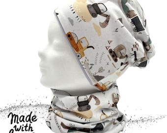 Organic children's hat and loop scarf for spring, construction site grey set / sold separately for boys, beanie, excavator, gift under 20