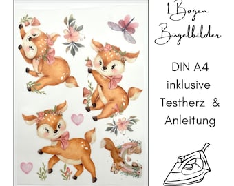1 sheet of DIN A4 iron-on images for textiles - cute deer - children's large to iron on forest animals rainbow