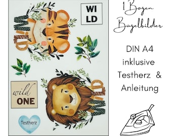 1 Bogen Din A4 Bügelbilder für Textilien - Löwe und Tiger Wild  - Mädchen Jungen Kinder groß zum aufbügeln Set