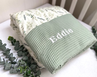 Blanket cover baby blanket "Eucalyptus waffle pique green white" 80 x 80 cm cushion cover for pillows 100% cotton BW
