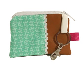 Key case bag pencil case "Kringel Mint Faux Leather Brown" Dots Mini Keychain