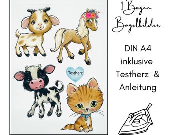 1 Bogen DIN A4 Bügelbilder für Textilien - Bauernhoftiere - Mädchen Kinder groß zum aufbügeln Set Pferd Kuh Katze