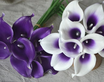 10 stems Royal Purple Picasso Calla Lilies Real Touch Flowers DIY Silk Wedding Bouquets, Centerpieces, Wedding Decorations