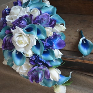 Teal Purple Cascade Bridal Bouquet Groom Boutonniere real - Etsy