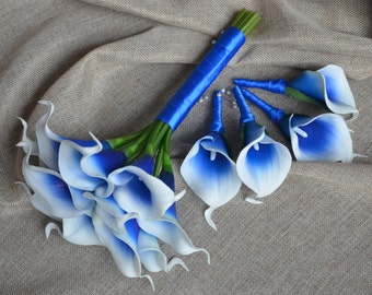 Royal Blue Picasso Calla Lilies Bridesmaids Bouquets Boutonnieres Real Touch Flowers Wedding Package