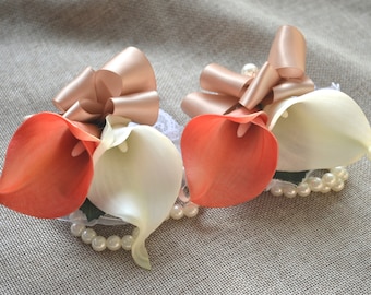 Coral Ivory Calla Lily Corsages Wrist Corsage Wedding Corsage Real Touch Flowers Beige/Tan Ribbons--Choose ribbons colors