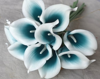 10 Picasso Teal Blue Calla Lilies Real Touch Flowers DIY Silk Wedding Bouquets, Centerpieces, Wedding Decorations