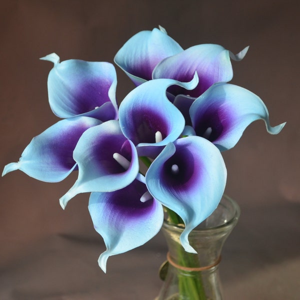 Blue Purple Picasso Calla Lilies 9 stems Real Touch Flowers DIY Silk Wedding Bridal Bouquets Centerpieces Decorations