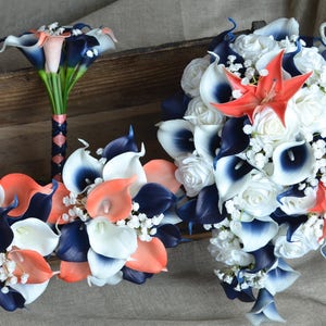 Coral Navy Wedding Bridal Bouquets, Bridesmaids Bouquets, Boutonnieres, Real Touch Coral Navy Picasso Calla Lilies, White Roses, Tiger Lily image 1