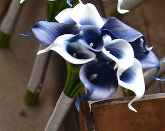 Navy Blue Picasso Calla Lilies Bridesmaids Bouquets Real Touch Flowers