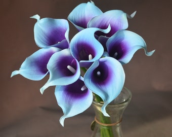 Blue Purple Picasso Calla Lilies 9 stems Real Touch Flowers DIY Silk Wedding Bridal Bouquets Centerpieces Decorations