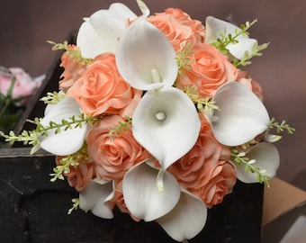 Rustic Silk Bridal Bouquet Light Coral Peach Roses White Calla Lilies  Real Touch Flowers Wedding Package