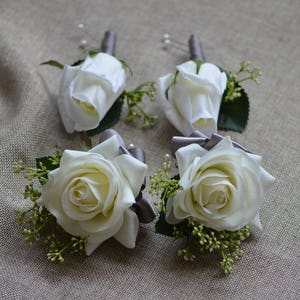 Ivory Rose Boutonnieres Real Touch Roses Corsages Grey Ribbons Mother Father Flowers Prom Corsage image 1