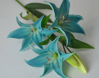 Teal Tiger Lilies Real Touch Flowers DIY Wedding Bridal Bouquets, Centerpieces, Decorative Flowers