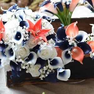 Coral Navy Wedding Bridal Bouquets, Bridesmaids Bouquets, Boutonnieres, Real Touch Coral Navy Picasso Calla Lilies, White Roses, Tiger Lily image 2