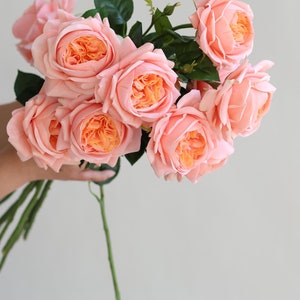 May include: A bouquet of peach-coloured roses with orange centres. The roses are in full bloom, with multiple petals visible. The stems are green and the background is a solid, neutral colour.