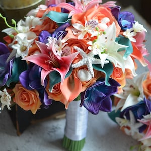 Teal Coral Orange Bridal Bouquets, Real Touch Roses, Calla Lilies, Garden Tiger Lilies, Silk Orchids Wedding Bouquets