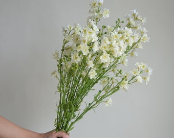 Peut inclure: Un bouquet de fleurs artificielles blanches avec des tiges vertes. Les fleurs sont petites et délicates, et elles sont disposées de manière lâche et naturelle.