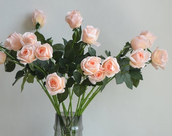 25" Real Touch Roses- Peach Champagne, Half Opened Faux Roses, High Quality Fake Flower |DIY Floral | Wedding/Home Decoration Gifts For Her