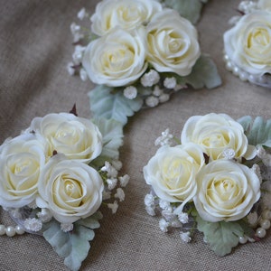 Ivory Rose Wrist Corsages, Real Touch Small Roses, Baby&#39;s Breath, Dusty Leaves, Wedding Corsages
