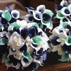 Navy Mint Wedding Bouquets, Real Touch Flowers, Calla Lilies, Plumerias, Ivory Roses, Bridal Bouquet, Boutonnieres, Corsages