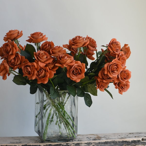 16" Burnt Orange Real Touch Faux Roses, Terracott Fake Flowers, DIY Florals/Bouquets/Centerpiece  | Wedding/Home/Kitchen Decoration | Gifts