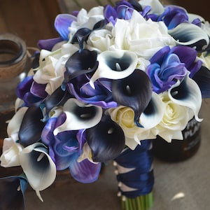 Navy Cascade Bridal Bouquet Blue Purple Orchids Navy Blue Picasso Calla Lilies Ivory Roses All Real Touch Flowers