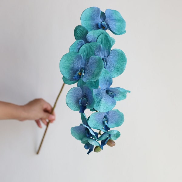 36.6" Turquoise Blue Fake Orchids-10heads, Artificial Phalaenopsis Orchid, DIY Office/Wedding/Home/Holiday/Kitchen Decoration, Gifts for Her