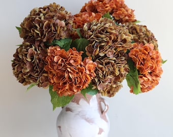 20" Real Touch Hydrangea Branch, Burnt Orange, Brown, Faux Flowers