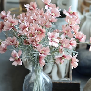 Könnte beinhalten: Ein Strauß rosa Kosmosblüten in einer klaren Glasvase. Die Blüten haben zarte Blütenblätter mit dunkleren rosa Zentren und sind von silbrig-grünem Laub umgeben. Die Vase steht auf einer neutralen Oberfläche.