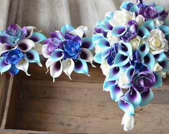 Blue Purple Bouquets, Orchids Callas Roses Wedding Bouquets --Real Touch Flowers Bridal Bouquets Bridesmaids Bouquets