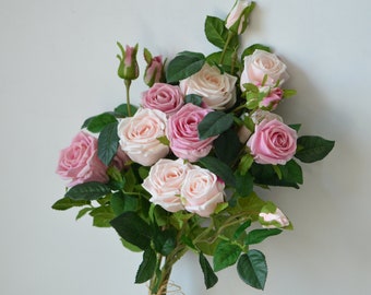 Rosas de tres cabezas con tallo de tacto real, flores de seda rosa empolvado, ramo para armar tú mismo