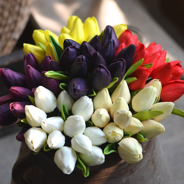 Real Touch Mini Tulips (12 stems): Ivory & Purple, DIY Wedding Bouquets,Artificial flower