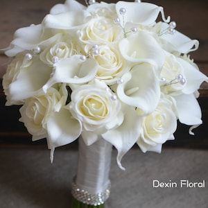 Ivory Bridal Bouquets Real Touch Roses Calla Lilies Wedding Bouquets Pearls Bouquets