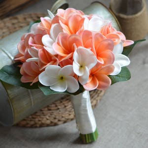 Real Touch Tropical Plumerias Bouquet Coral Ivory Plumerias Frangipanis Wedding Bouquets