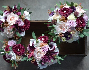 Burgundy Blush Mauve Bouquet, Rustic Wild Bridal Bouquets, MOH Bridesmaids Bouquets, Real Touch Roses, Eucalyptus, Wedding Bouquets