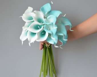 9 Turquoise Picasso Calla Lily, DIY Turquoise Wedding Flowers, Real Touch artificial Calla Lily, DIY Home Decorative Flowers