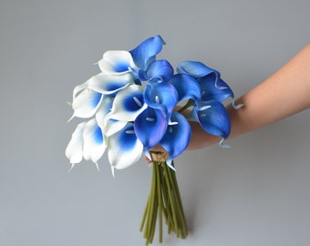 9 Royal Blue Calla Lilies, Real Touch PU Flowers, Wedding Bouquet