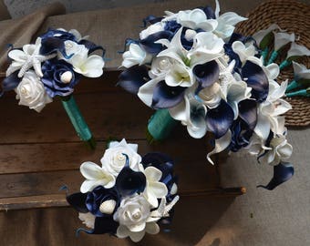 Navy White Beach Bouquets, Real Touch Flowers, Plumerias, Calla Lilies, Starfishes Shells, Bridal Bouquets, Bridesmaids Bouquets