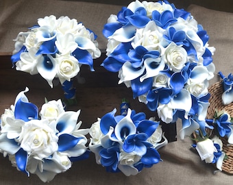 Royal Blue Calla Lilies Plumerias Ivory Roses Cascade Bridal Bouquet Real Touch Flowers Wedding Package--Bouquets Boutonnieres Corsages