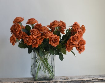 16" Burnt Orange Real Touch Faux Roses, Terracott Fake Flowers, DIY Florals/Bouquets/Centerpiece  | Wedding/Home/Kitchen Decoration | Gifts