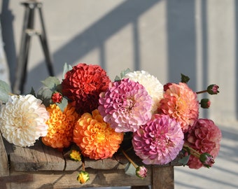 Colores degradados Dahlia, flores artificiales de dalia, gran marfil polvoriento rosa dalia para ramos de centro de mesa de boda