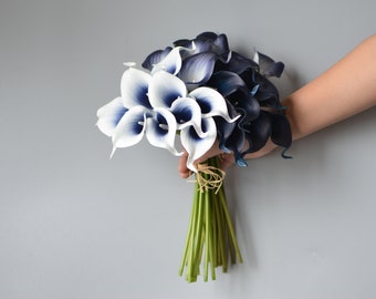 9 Navy Calla Llily, Navy Beach Wedding, Faux Real Touch Calla Lily, DIY Blue Bouquet, DIY Navy Centerpiece