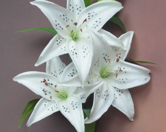 Natural Real Touch White Tiger Lily Long Stem DIY Wedding Bridal Bouquets, Centerpieces, Decorative Flowers
